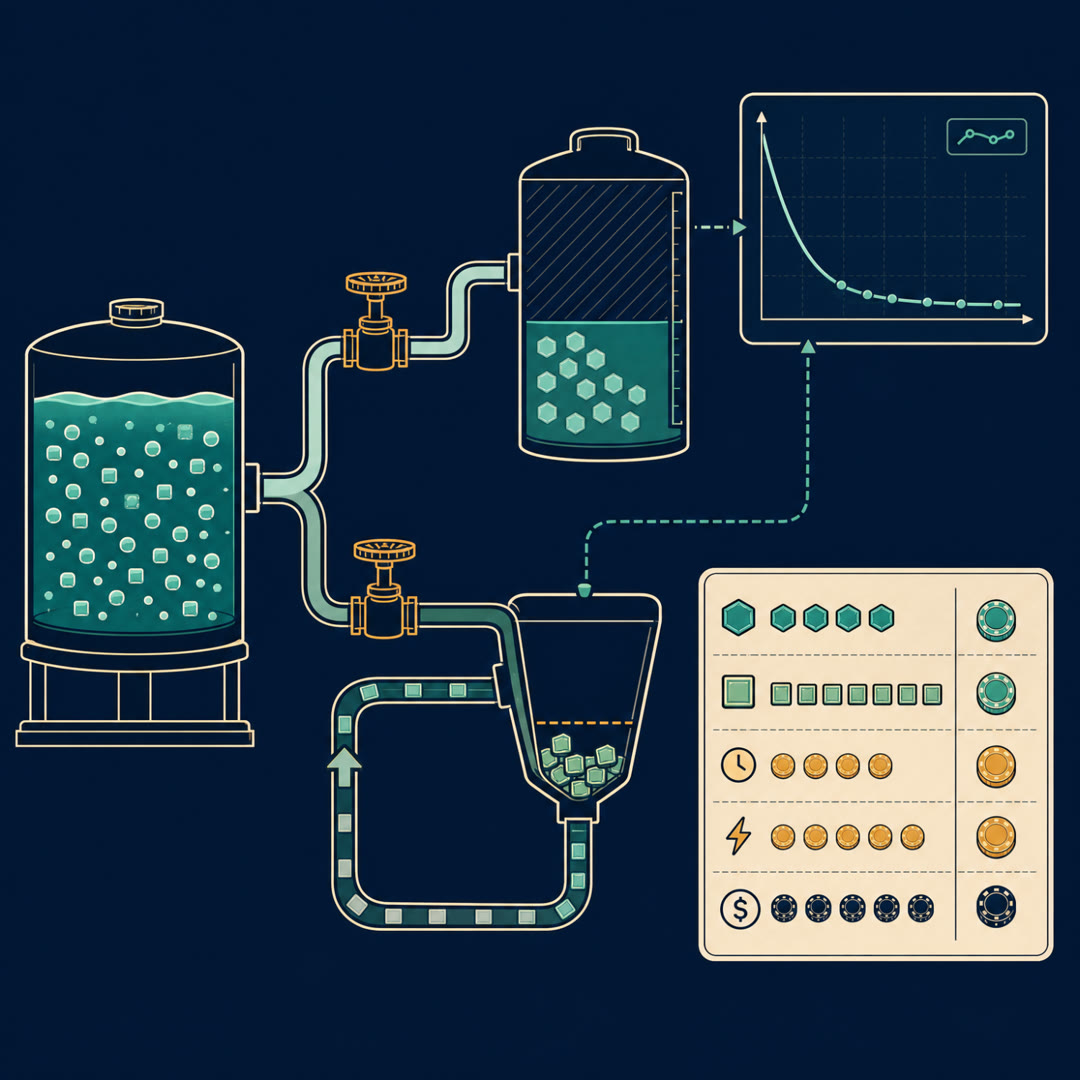 Flat-vector illustration of a compute reservoir and valve manifold where a nearly empty token hopper recycles fading token chips through a return loop, beside a flattening loss curve and a partly unfilled model vessel.