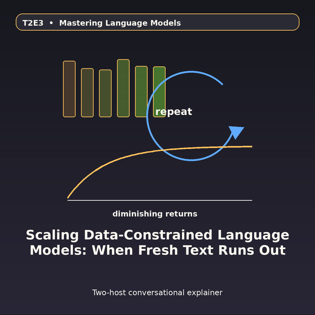 A finite library of data with repeated-token loops and a diminishing-returns curve.