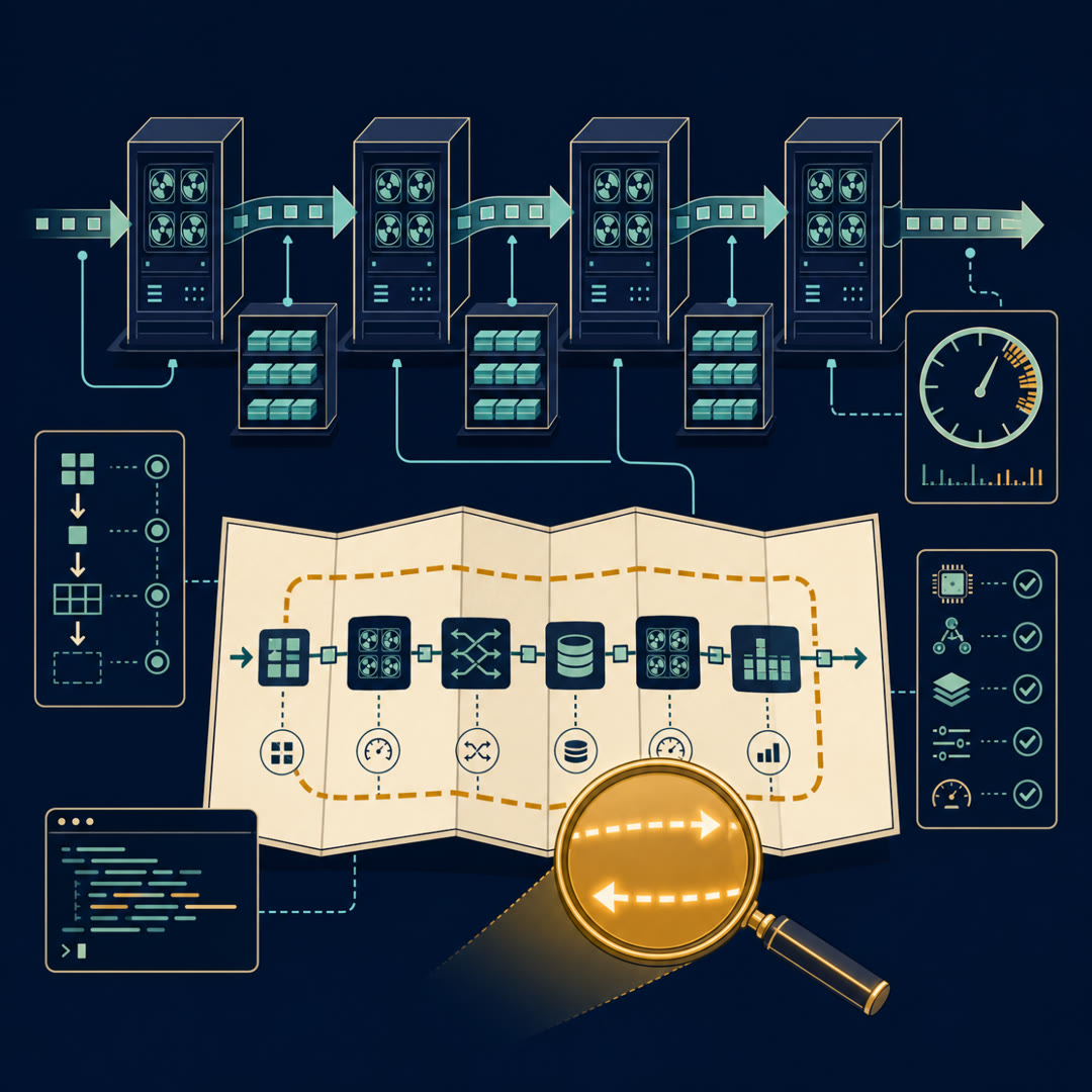 Flat 2D editorial illustration of a row of machine cabinets linked by cyan ribbons, with a fold-out route map in the foreground under an amber lens and a clock gauge showing idle gaps.