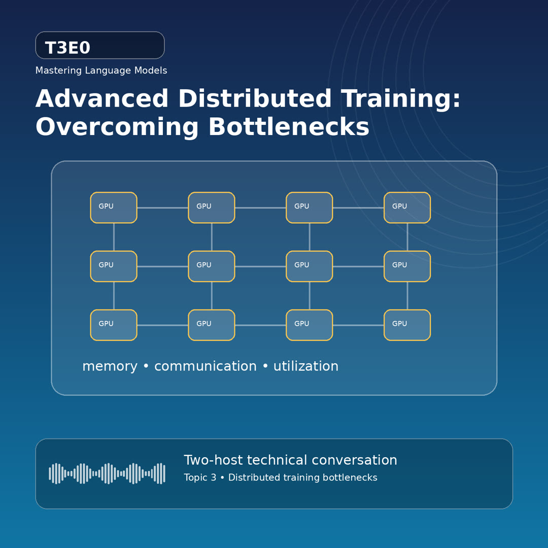 Technical podcast cover showing cluster map with memory chips, network links, and attention tiles for Advanced Distributed Training: Overcoming Bottlenecks.