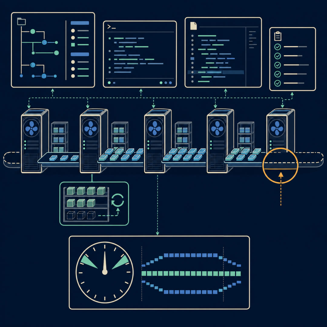 Flat 2D editorial illustration of machine cabinets linked by a conveyor ribbon carrying a staggered stream of small trays, dense in the middle and empty at the ends, with an amber lens over the empty stretch and a half-empty memory shelf with a redo arrow.