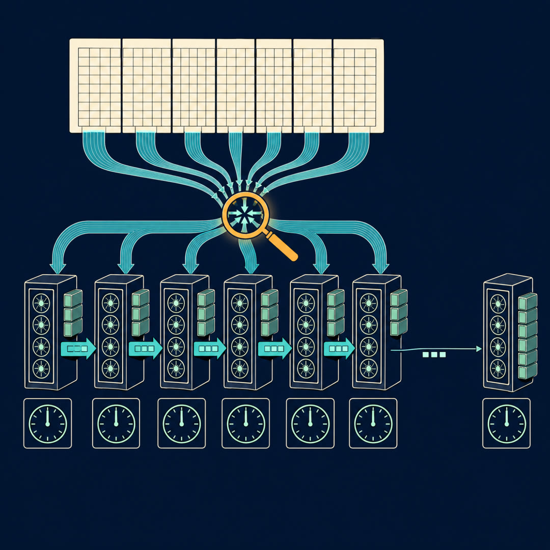 Flat 2D editorial illustration of a large matrix panel sliced into vertical stripes feeding separate machine cabinets by ribbon, the stripes merging again at a junction node under an amber lens, with full clock dials on every cabinet and one thin cable trailing to a distant cabinet.