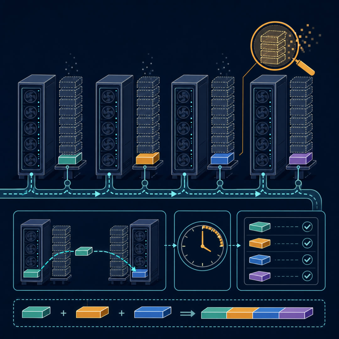 Flat 2D editorial illustration of a row of machine cabinets where tall duplicated memory-block stacks fade away beside each cabinet, each keeping one solid distinct slice, while a conveyor ribbon delivers a single borrowed block under a clock gauge and an amber lens highlights a fading duplicate stack.