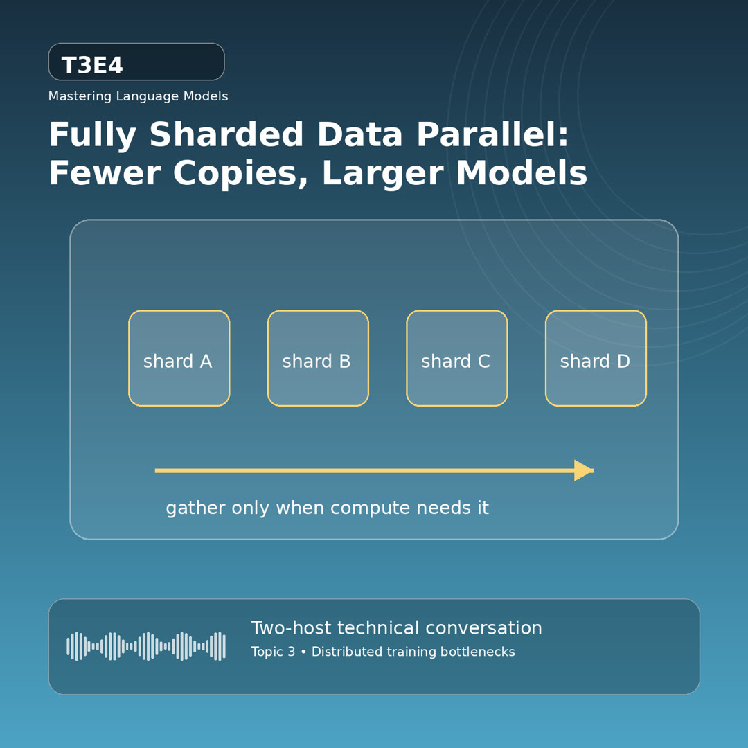 Technical podcast cover showing data parallel workers each holding parameter shards then gathering during forward pass for Fully Sharded Data Parallel: Fewer Copies, Larger Models.