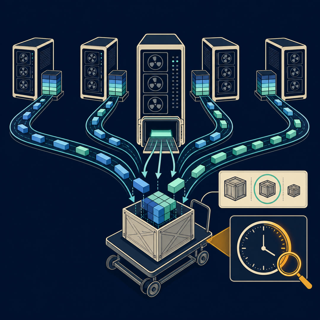 Flat 2D editorial illustration of a row of machine cabinets where a parts cart docks at one cabinet's open bay; a single crate on the cart is assembled from distinct block slices delivered by conveyor ribbons from the other cabinets' shelves, beside an icon panel of three crate sizes and an amber lens on a clock gauge.