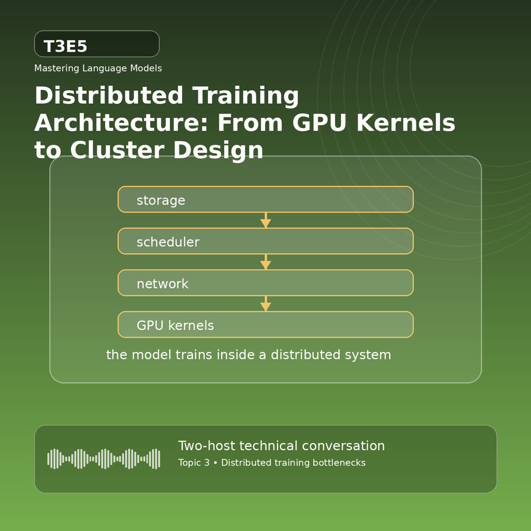Technical podcast cover showing multi-rack cluster with parallelism layers, scheduler, storage, and checkpoint stream for Distributed Training Architecture: From GPU Kernels to Cluster Design.