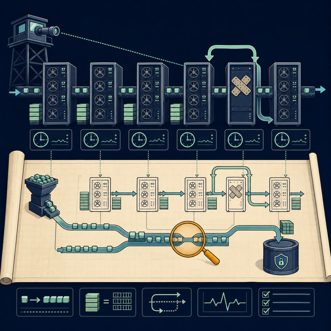 Flat 2D editorial illustration of a row of machine cabinets above a large unrolled blueprint chart mapping the whole system — a feeder hopper pouring packets onto a conveyor ribbon, a storage drum receiving a checkpoint block, a watchtower lens overlooking the ribbons, and one patched cabinet bypassed by a detour ribbon, with an amber lens on the narrowest ribbon segment.