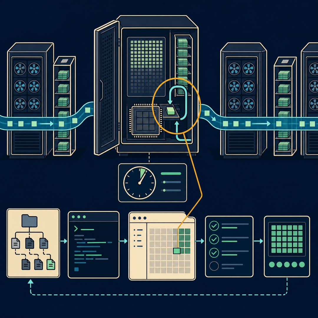 Flat 2D editorial illustration of a row of machine cabinets, one opened in cutaway to show a ghosted grid sheet fading beside a tall memory shelf while a single solid tile sits on a tiny shelf beside the compute block, an amber lens over the short loop between them and a clock gauge showing almost no idle time.