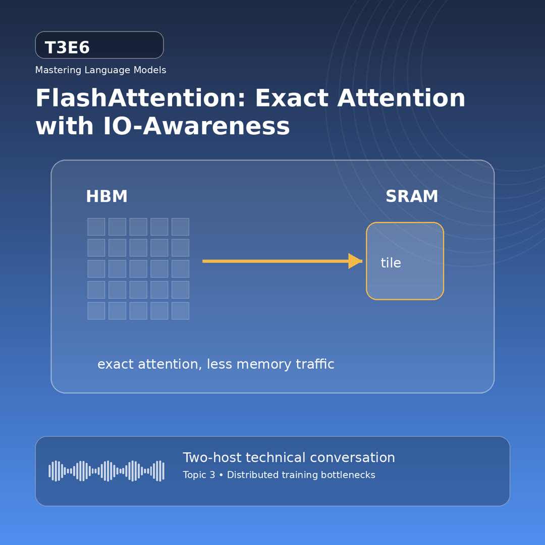 Technical podcast cover showing attention matrix tiles moving between HBM and SRAM with reduced memory traffic for FlashAttention: Exact Attention with IO-Awareness.