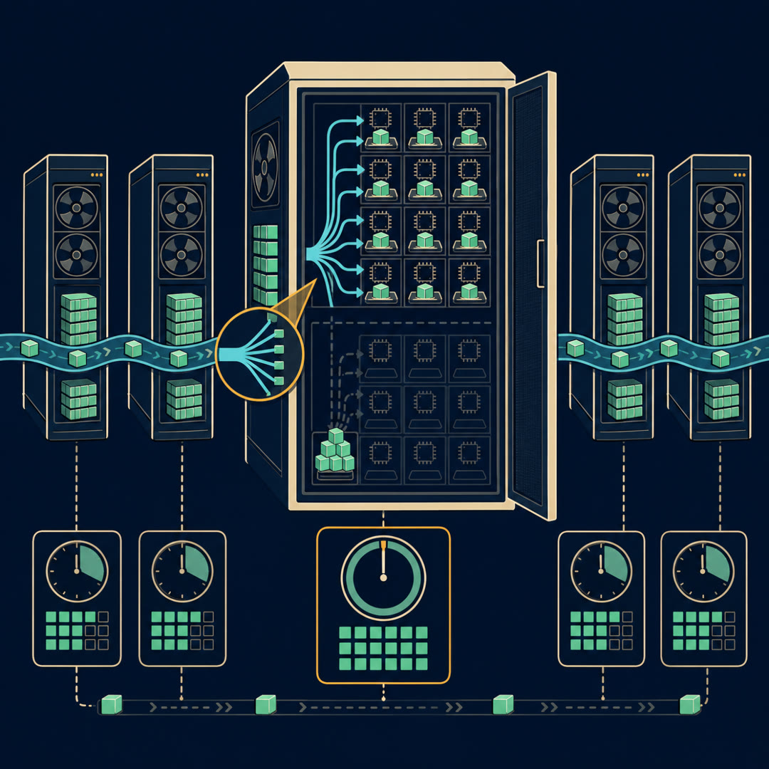 Flat 2D editorial illustration of a row of machine cabinets, the center one opened to a grid of small worker bays where a branching ribbon fans work packets evenly into every bay beside a ghosted version piling them at one bay, an amber lens over the branching point and a clock gauge showing almost no idle time.