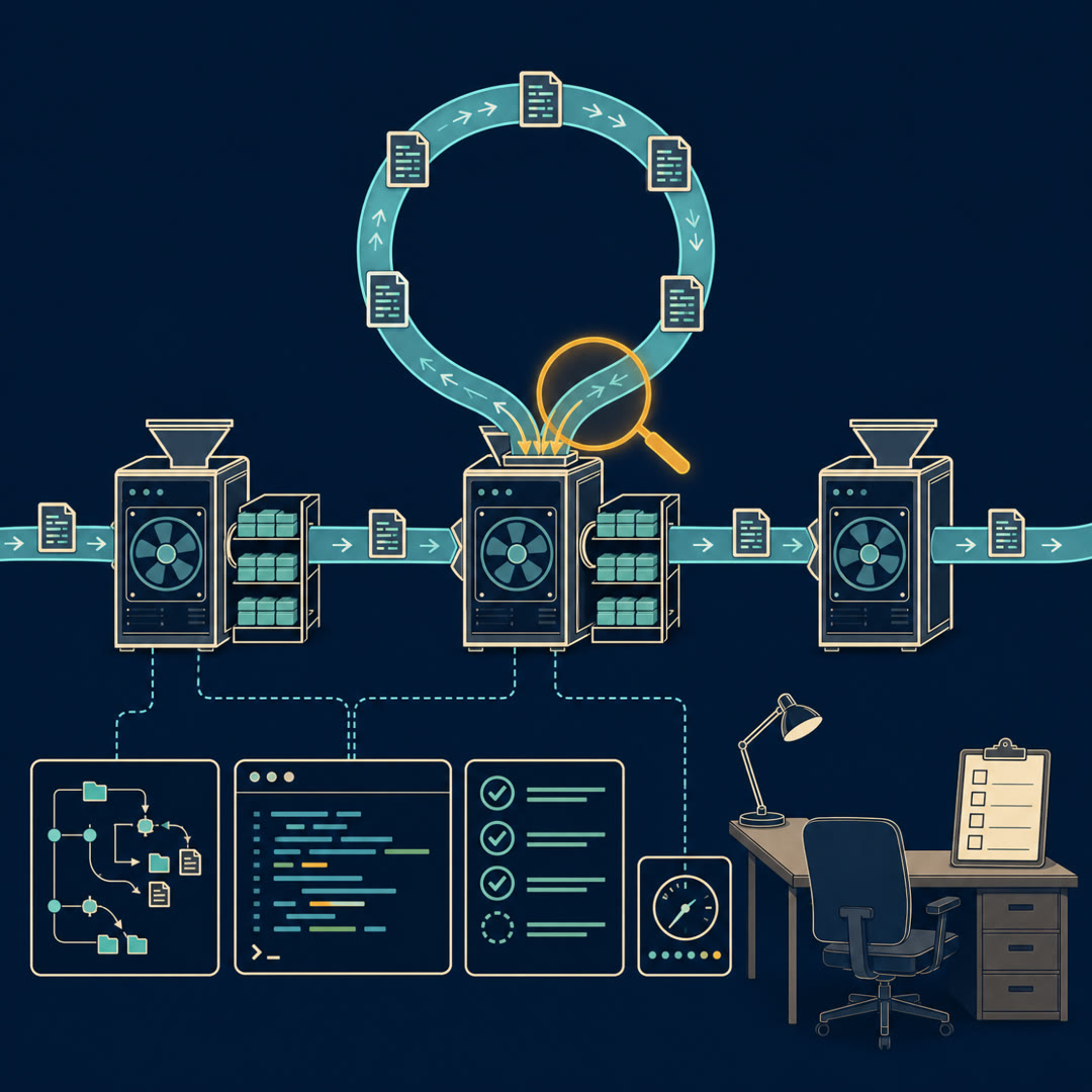 Flat 2D editorial illustration of a row of machine cabinets where one cabinet's output ribbon of small code packets loops back into its own intake hopper, passing a vacant reviewer desk with an empty chair, with an amber lens highlighting the point where the loop re-enters the cabinet.