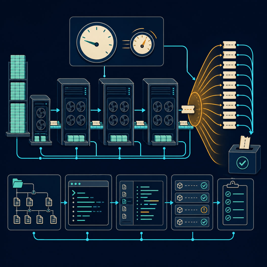 Flat 2D editorial illustration of a row of machine cabinets feeding a serving counter where one question ticket fans out into many candidate-answer tickets entering a ballot-box selector, with a still large dial beside a spinning small dial and one smaller cabinet with an extra-tall shelf of stacked blocks, an amber lens highlighting the fan-out point.