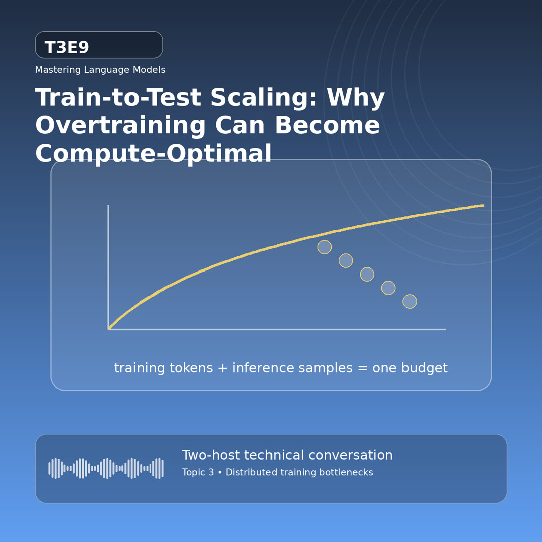 Technical podcast cover showing training compute curve connected to inference sampling fan-out and budget frontier for Train-to-Test Scaling: Why Overtraining Can Become Compute-Optimal.