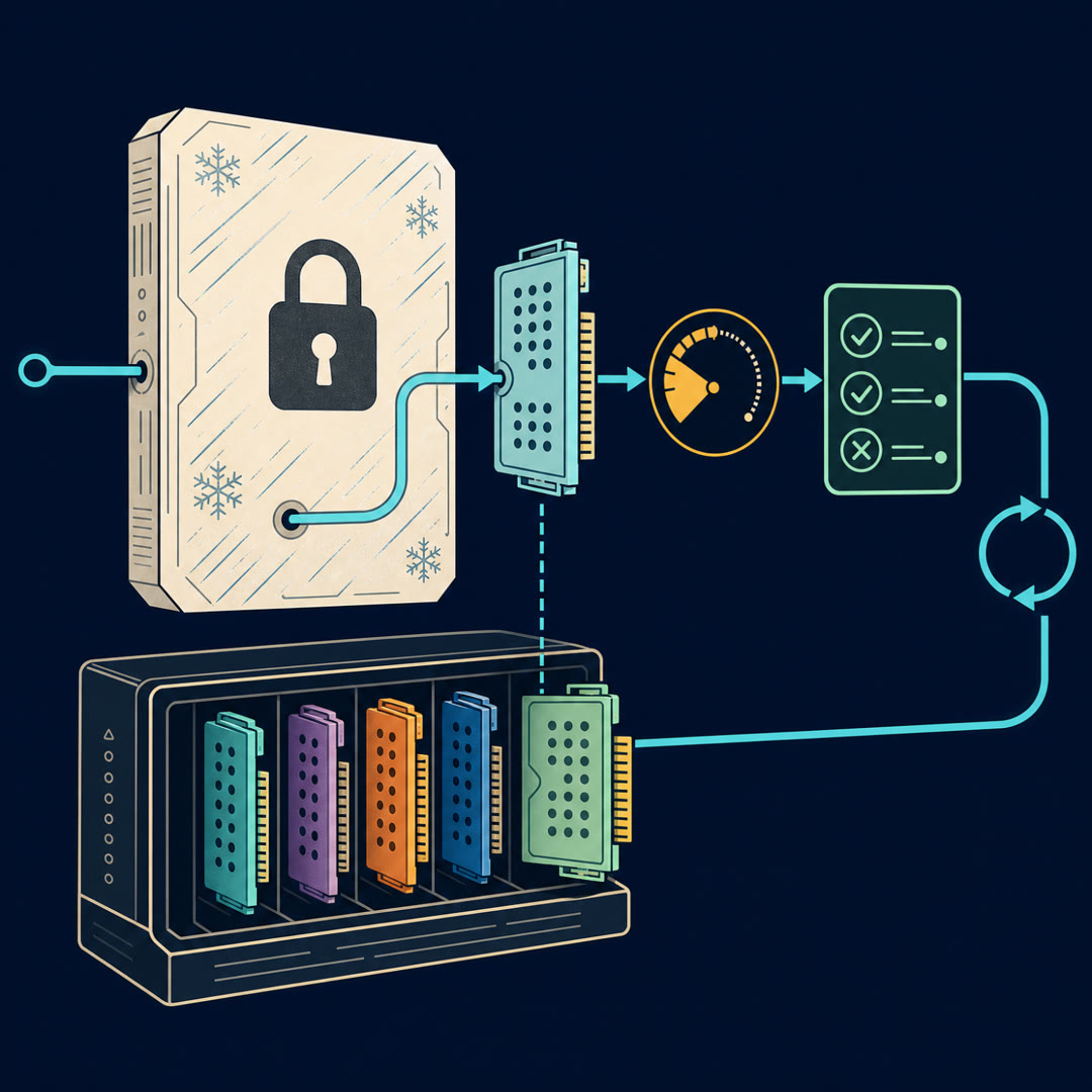 Flat 2D editorial illustration of a large frozen cream slab with a padlock badge, a rack of small swappable adapter cards joined to it by a cyan bypass ribbon, an amber precision dial, and a mint evaluation gate with a loop arrow.