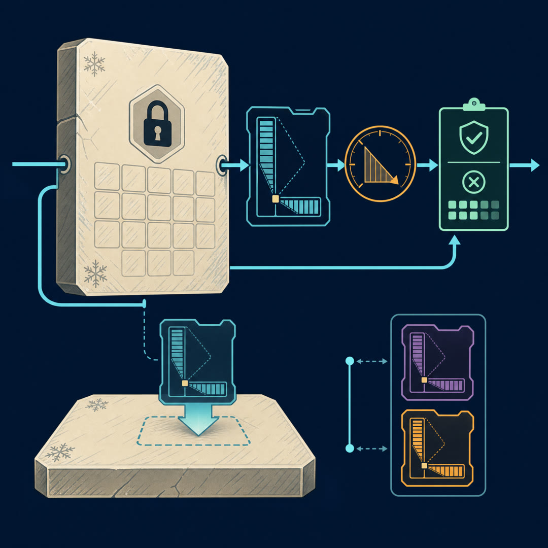 Flat 2D editorial illustration of a large frozen cream slab with a padlock badge; an opened adapter card beside it reveals two thin strips meeting at a small bottleneck, with a flatten arrow folding a translucent card into the slab and two alternate adapter cards racked nearby.