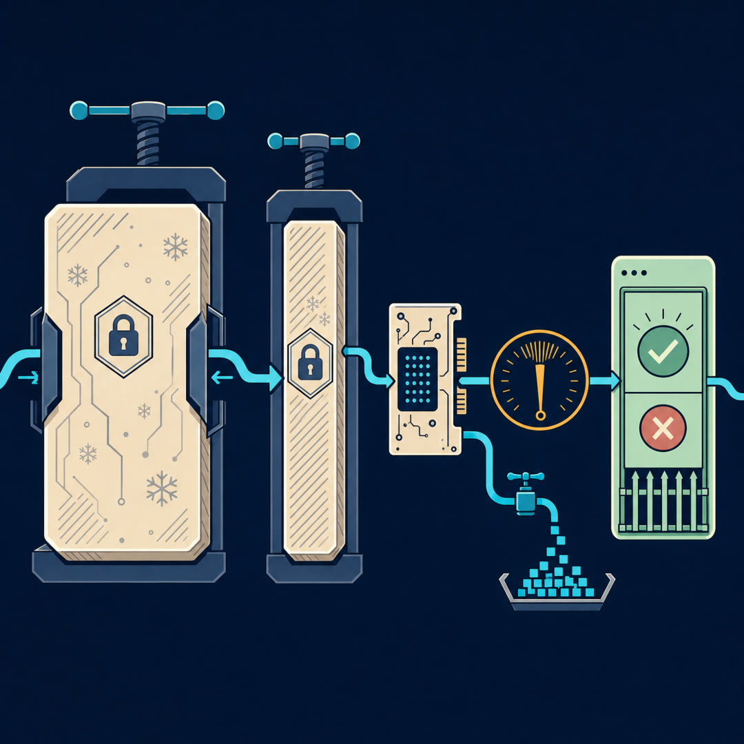 Flat 2D editorial illustration of a cream frozen slab with a padlock being squeezed narrower by a compression clamp, an unchanged adapter card on a cyan bypass ribbon beside it, an amber dial with unevenly clustered tick marks, a small relief valve spilling blocks into a tray, and a mint evaluation gate.