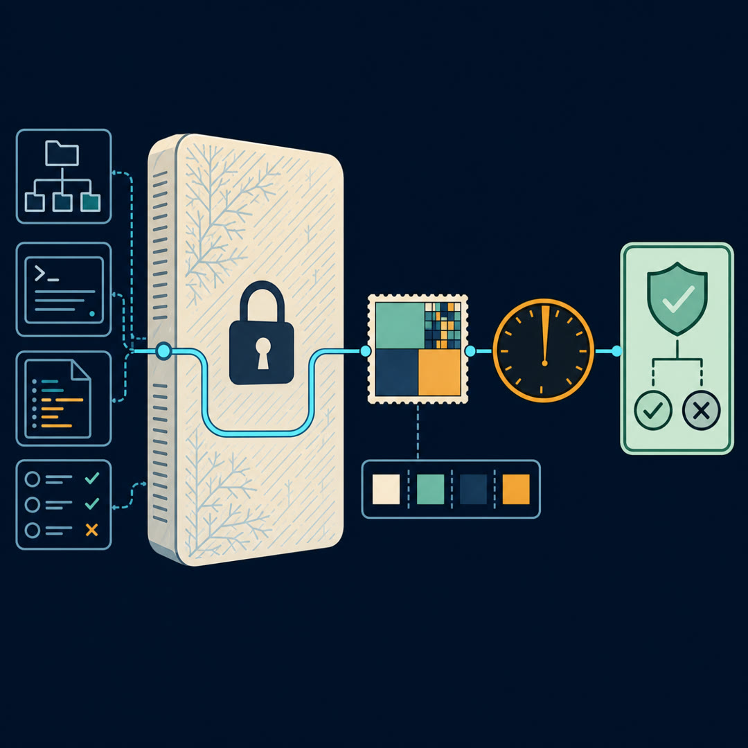 Flat 2D editorial illustration of a cream frozen slab with a padlock connected by a cyan ribbon to a tiny mosaic-tiled adapter chip made of four flat shades, beside a small palette tray of four tile swatches, an amber precision dial narrowed to a hairline sliver, and a mint evaluation gate.