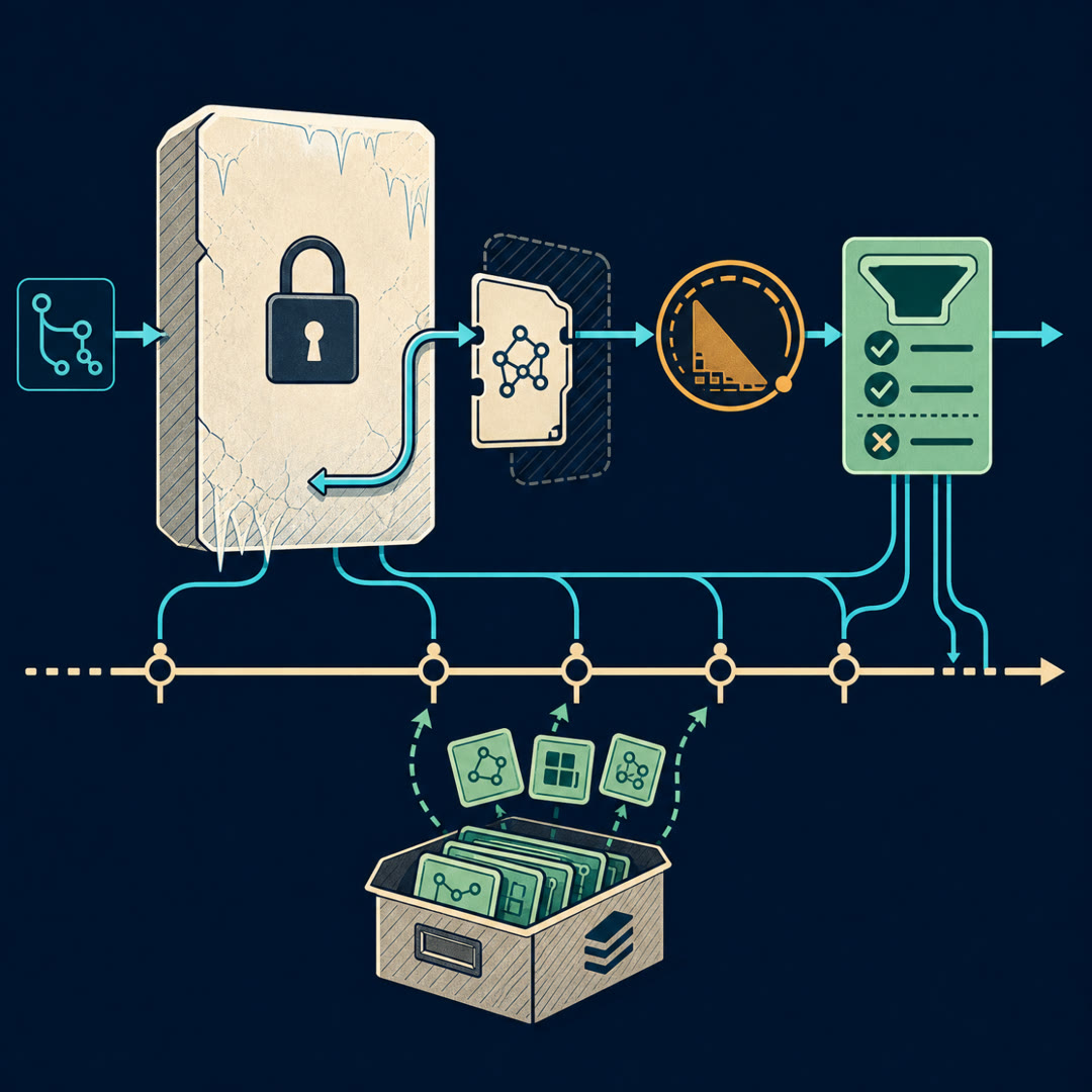 Flat 2D editorial illustration of a cream frozen slab with a padlock joined by a cyan ribbon that loops repeatedly through a mint evaluation gate along a timeline rail with milestone pegs, fed by an archive box of replay cards, while a faded ghost outline of an earlier adapter card dims behind the current one.