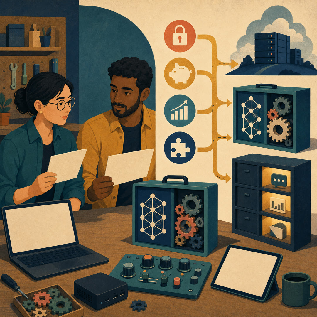 Warm flat illustration of two engineers at an open-model workbench comparing blank model cards, tuning knobs, local devices, and branching deployment paths for privacy, cost, capability, and specialization.