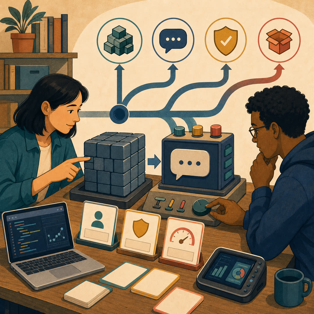 Two engineers compare raw model weights and a chat-tuned assistant module on an open-model workbench, with blank preference and safety cards, tuning knobs, local devices, and a branching deployment path.