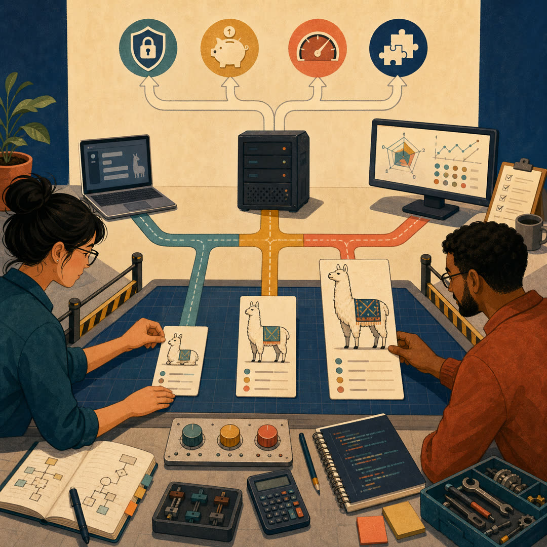 Warm 2D illustration of engineers at an open-model workbench comparing small, medium, and large Llama 3 model cards for local, private-server, and reference-evaluation deployments.