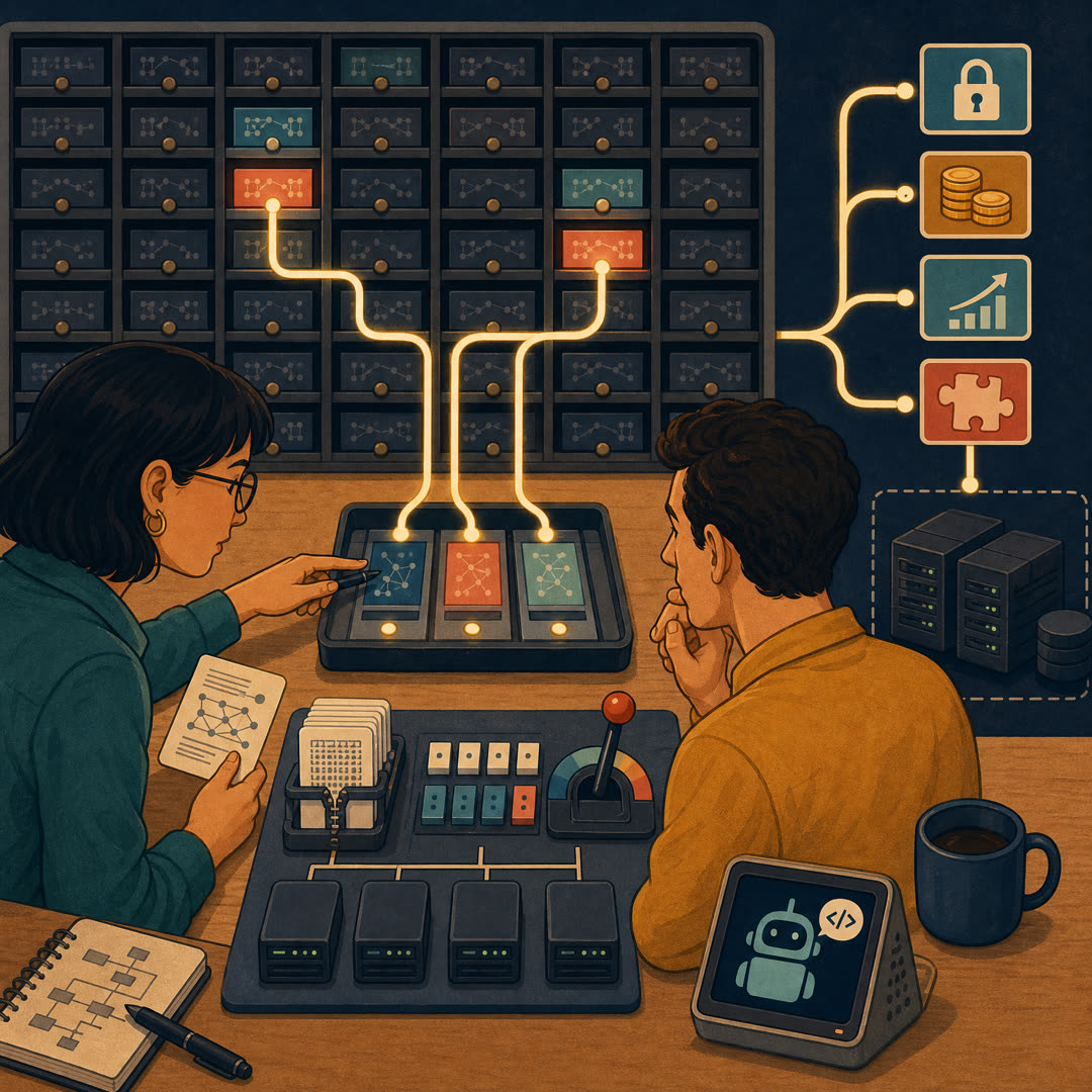 Warm 2D editorial illustration of engineers at an open-model workbench studying a sparse expert switchboard, with only a few routing rails active and a private coding assistant device on the desk.