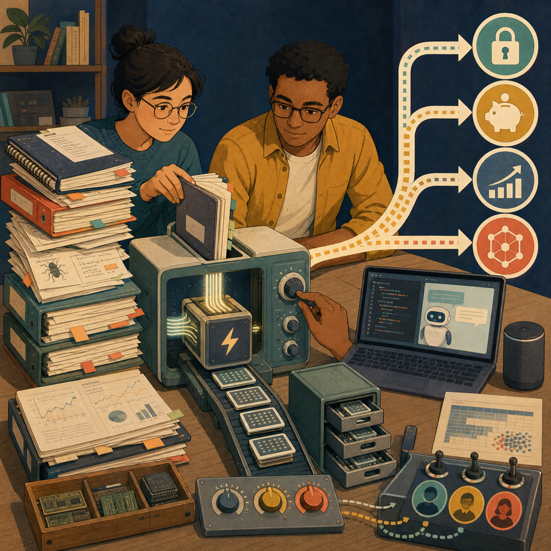 Two engineers at an open-model workbench compress private code and data documents into memory cards feeding a compact Flash-style model engine, with local assistant devices and tuning controls nearby.