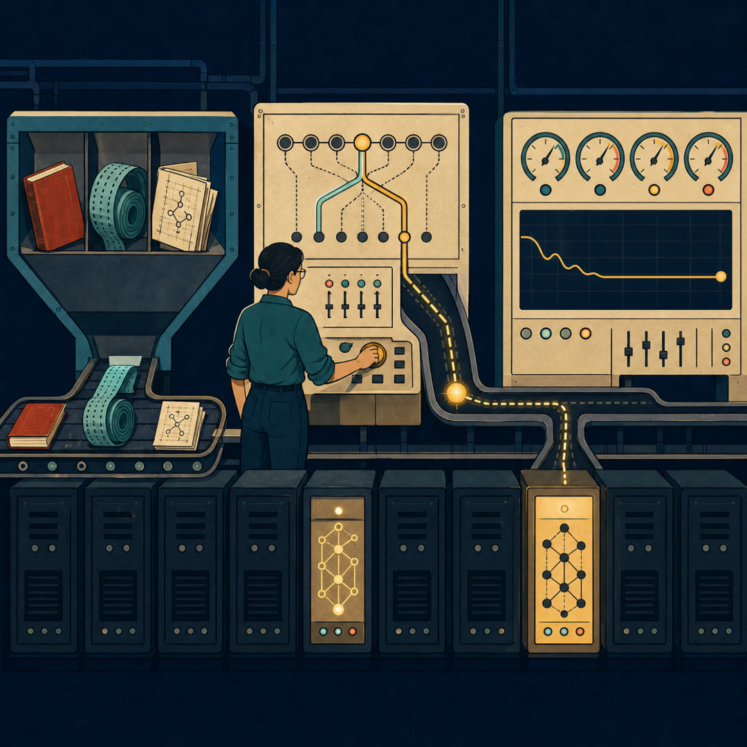 Warm flat illustration of an engineer at a central routing switchboard sending one token to just two lit expert cabinets among a long row of dark ones, with a diverse-data intake hopper feeding in on the left and a settling convergence gauge on the right.