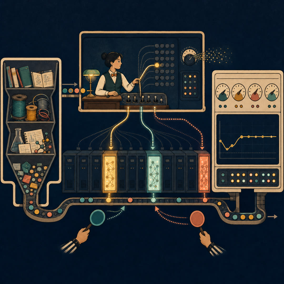 Warm 2D editorial illustration of a head-on sparse-routing machine room: a small clerk at a central switchboard desk glances at each arriving token and lights only two expert cabinets in a long row of mostly-dark cabinets, with a small noise dial and two referee paddles keeping the routing balanced, a diverse-data intake hopper on the left and a settling gauge wall on the right.
