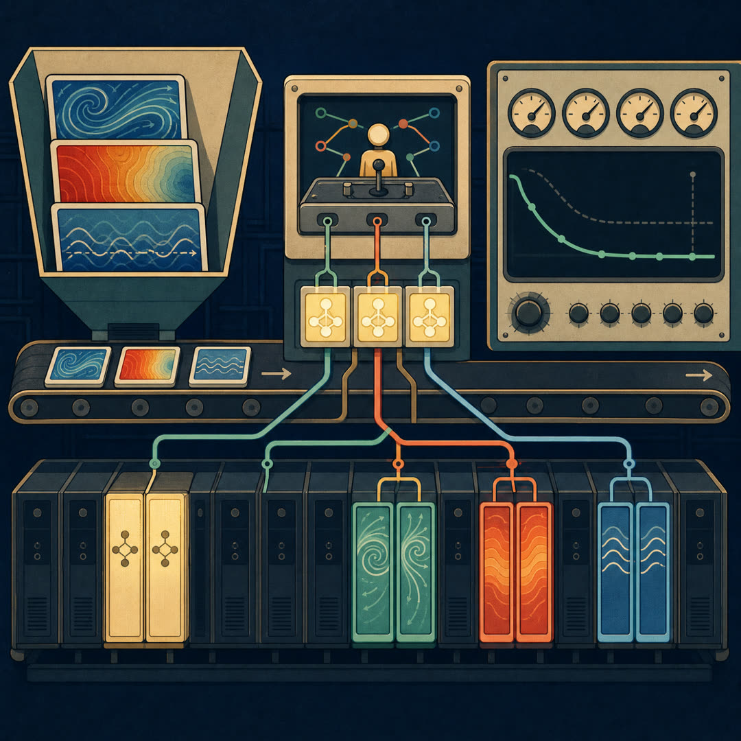 Warm 2D editorial illustration of a head-on sparse-routing machine room where a central switchboard dispatches small physics-field cards — a fluid swirl, a heat-gradient plate, a wave ripple — each lighting its own pair of expert cabinets in a row of mostly-dark cabinets, with two always-on shared cabinets near the dispatcher and a gauge wall whose error needle settles low.