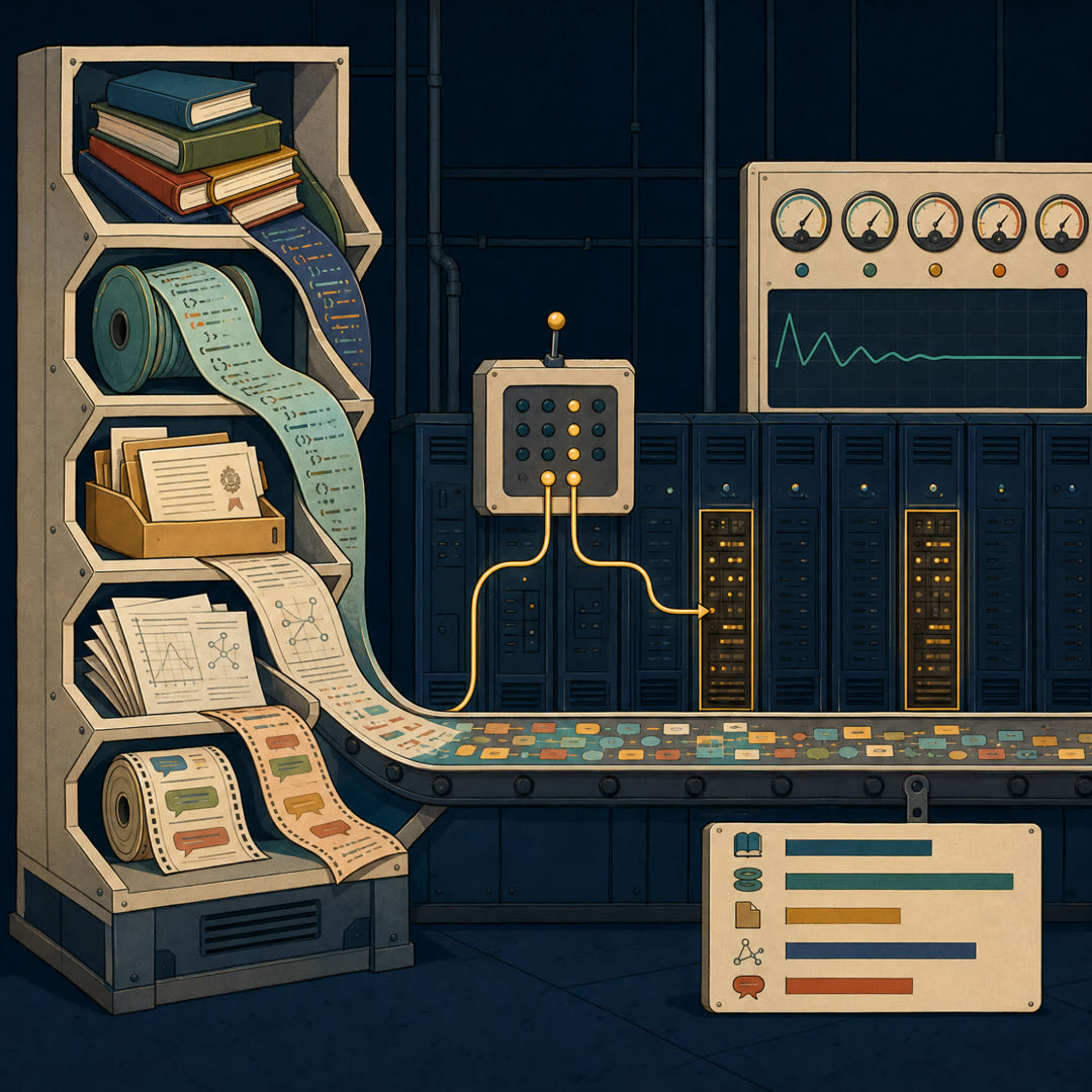 Flat 2D editorial illustration of a labeled intake hopper sorting distinct materials — books, a spool of code ribbon, legal documents, academic paper pages, and dialogue strips — onto one shared conveyor belt that feeds a small routing switchboard and a few lit expert cabinets among many dark ones, with a small per-domain bar-profile panel at the belt's end; deep navy, teal, ochre, coral, and cream palette, no text.