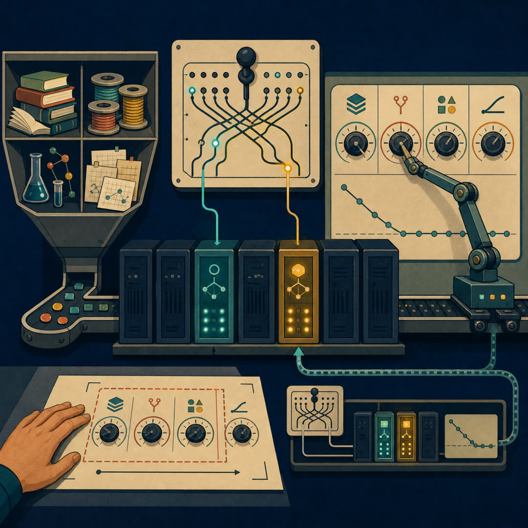 Warm 2D editorial illustration of a head-on sparse-routing machine room: a central routing switchboard sends tokens to a few lit expert cabinets among many dark ones, a diverse-data intake hopper feeds in from the left, and on the right an automated mechanical search arm turns the tuning dials itself while a human hand rests on a paper template that bounds which dials it may reach.