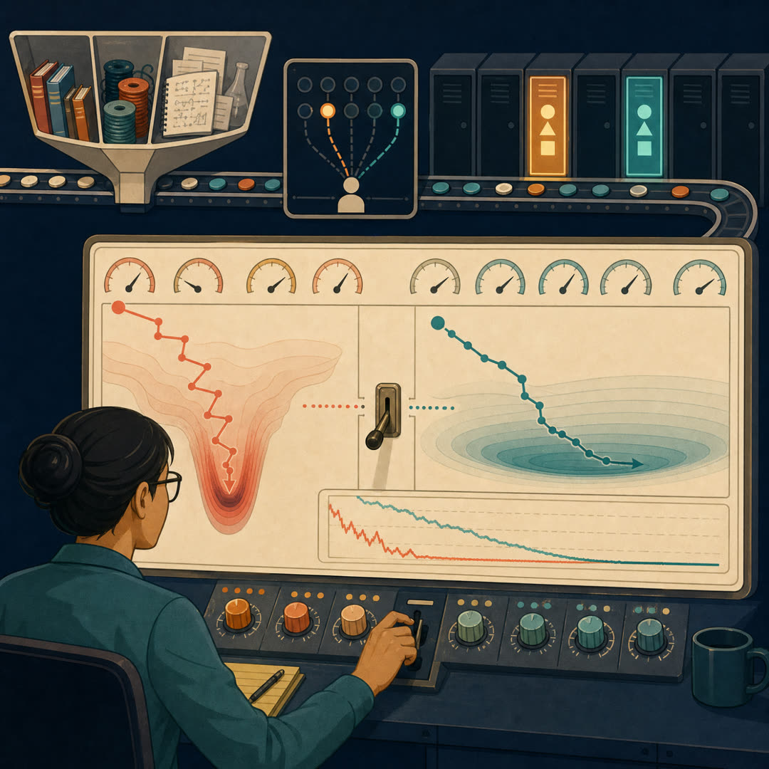 Warm 2D editorial illustration of an engineer at a convergence gauge wall choosing between two descent paths — one jagged path plunging into a sharp narrow pit, one smooth path settling into a wide flat basin — with a switch lever between them and a faint sparse router feeding lit expert cabinets in the background.